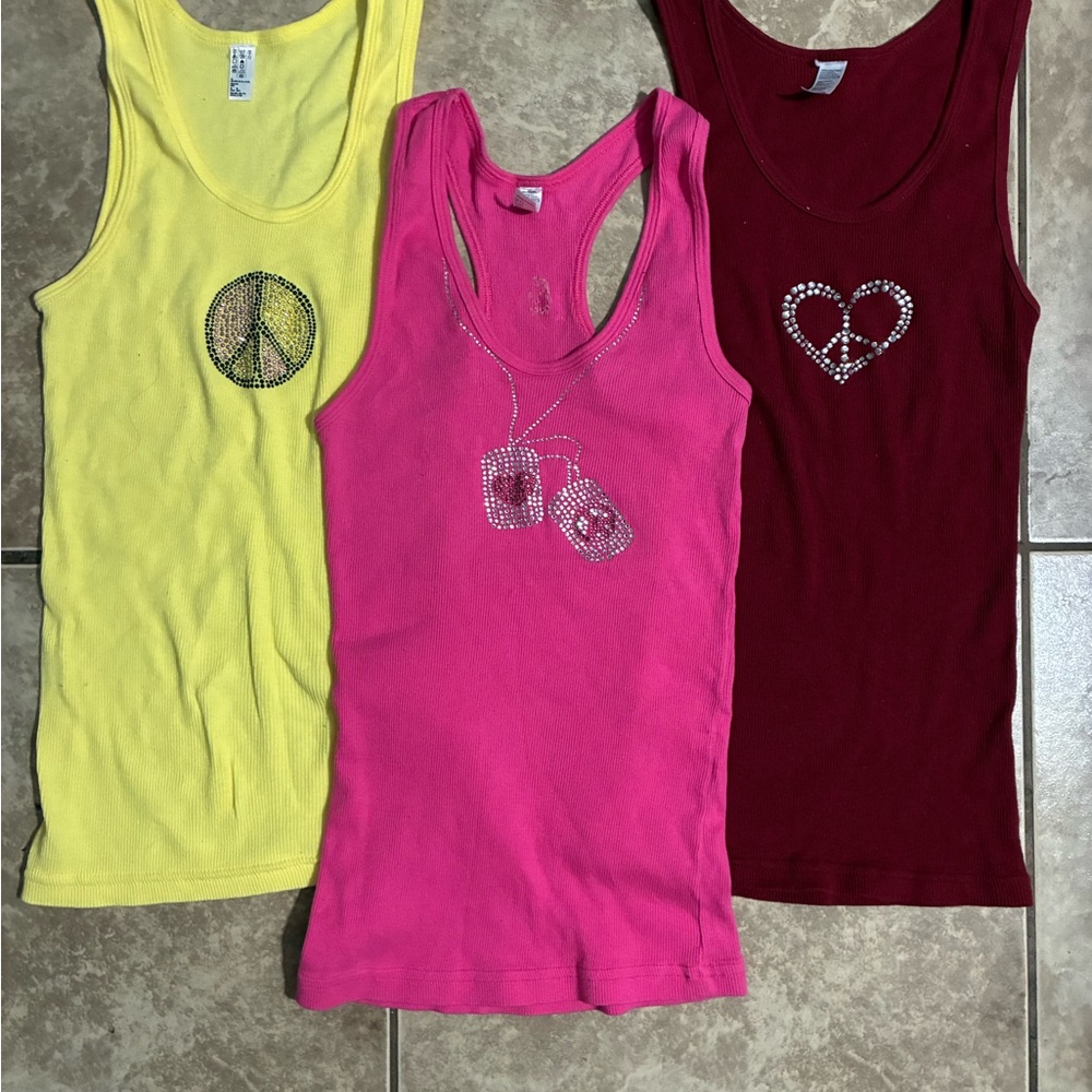 Set of Three Graphic Tank Tops - Yellow, Pink, Red